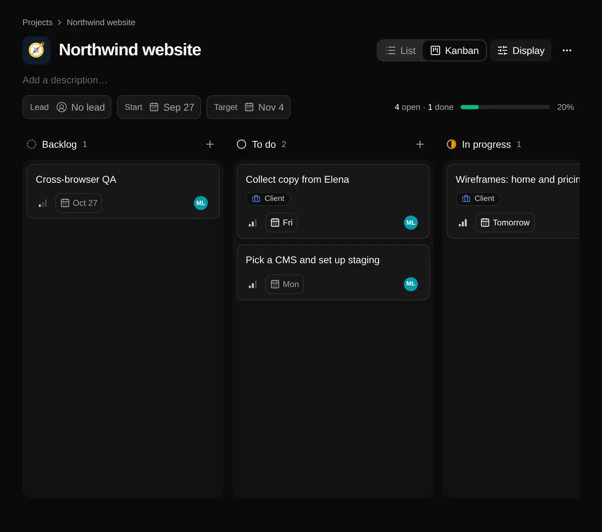 The Northwind website project as a kanban board with tasks in Backlog, To do and In progress