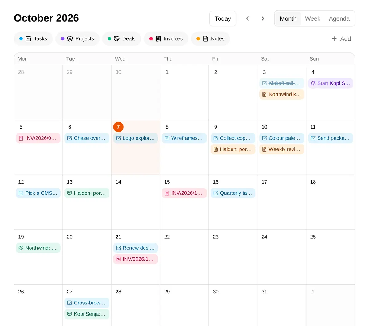 The month calendar with tasks, a deal and an invoice due