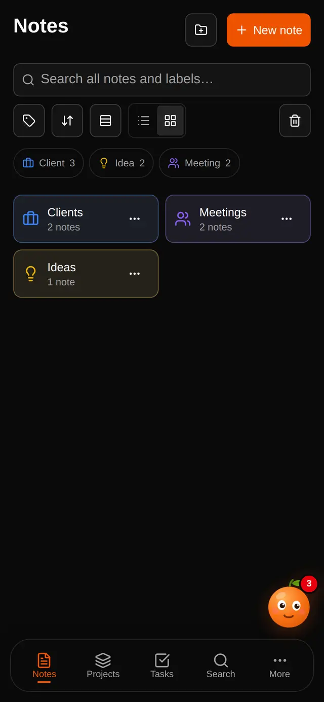 Notes on a phone: the note cards in two columns, with the dock below