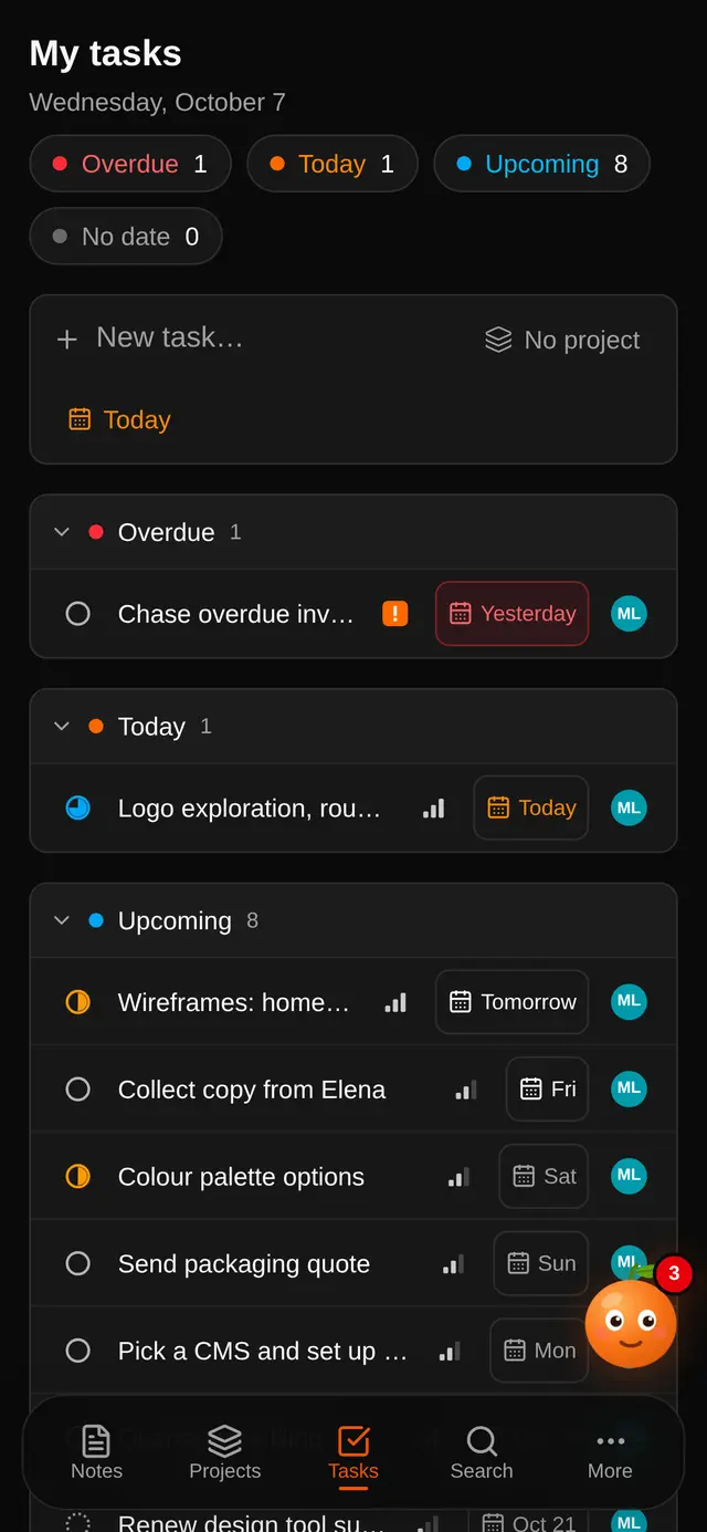 My tasks on a phone: overdue, today and upcoming