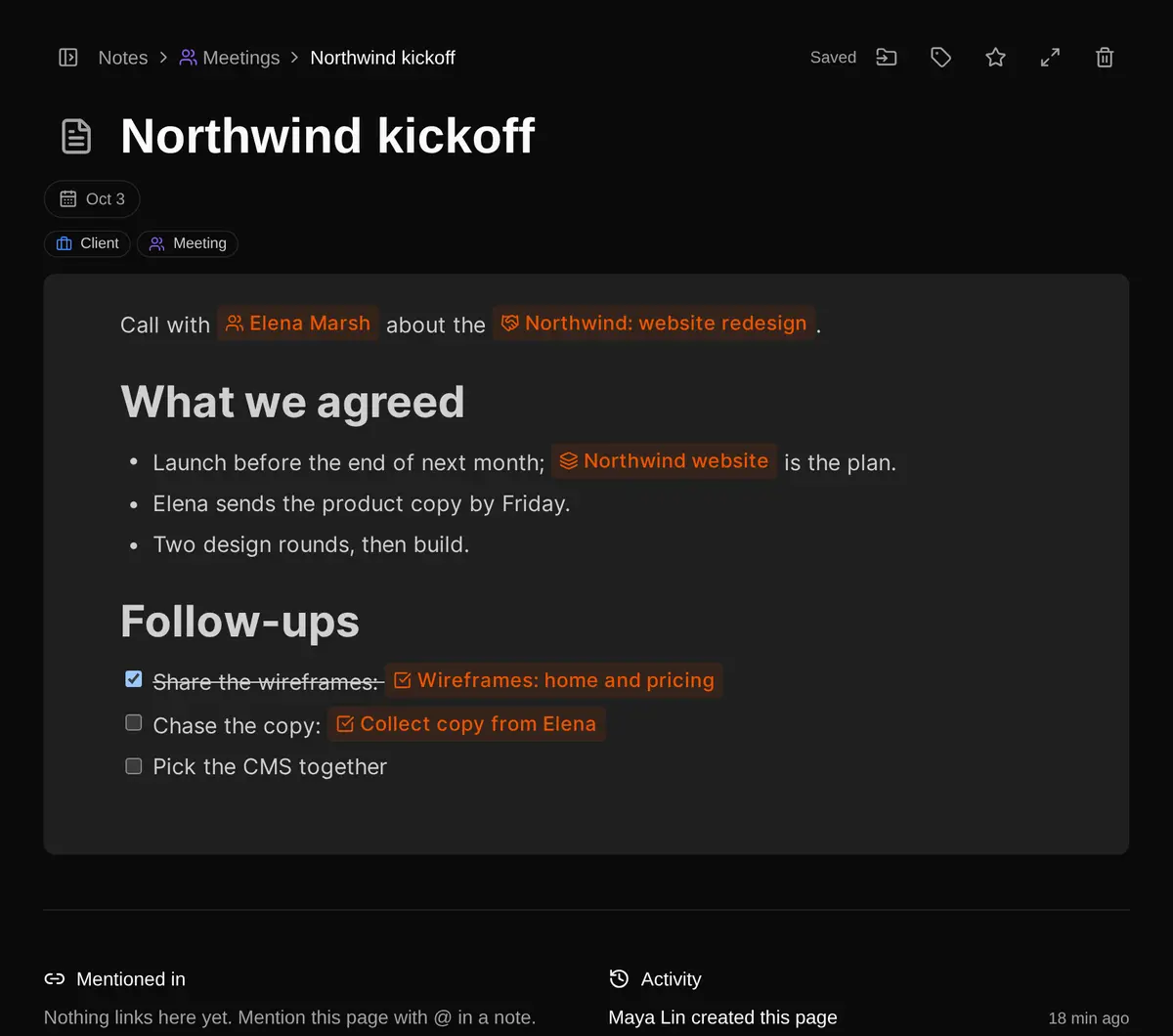 The Northwind kickoff note: mentions of Elena Marsh and the deal, and a list of follow-ups