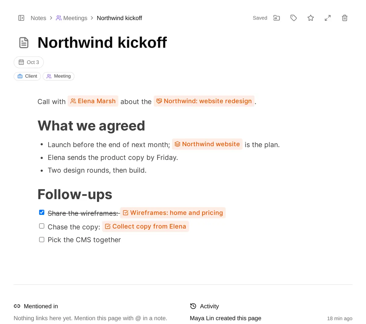 The Northwind kickoff note: mentions of Elena Marsh and the deal, and a list of follow-ups